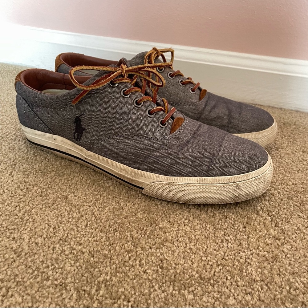 Polo by Ralph Lauren Men's Gray Casual Sneakers Vaughn Blue Chambray Herringone